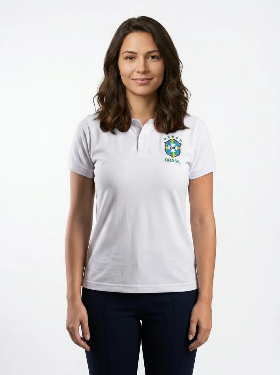Polo feminina branca com emblema bordado - vista frontal
